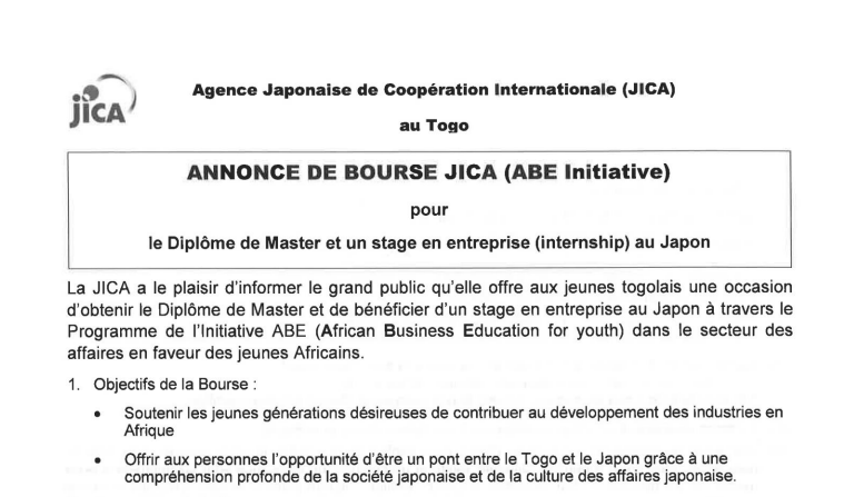 Togo- La JICA offre des bourses pour Master et stages en entreprise au Japon