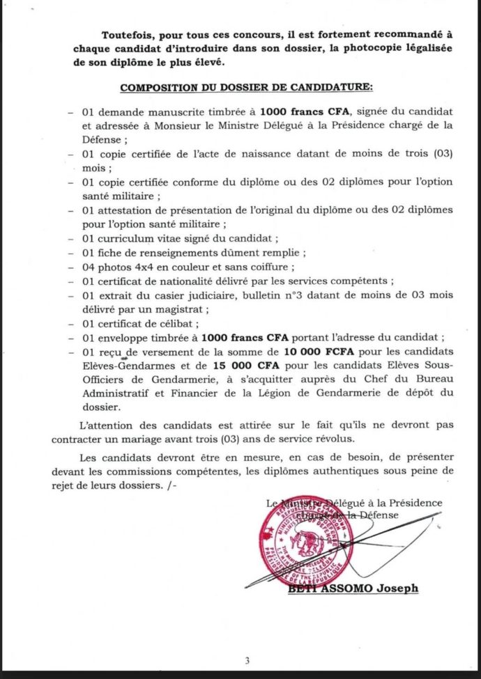 Concours Gendarmerie Cameroun composition du dossier
