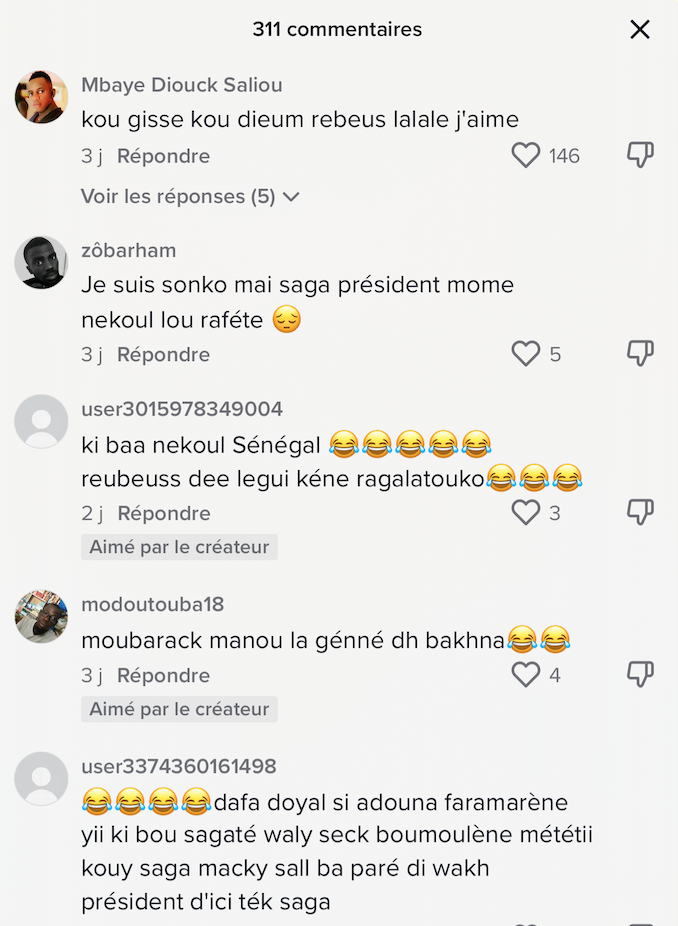 Capture d’écran des commentaires sur le compte de Serigne Massamba Sène