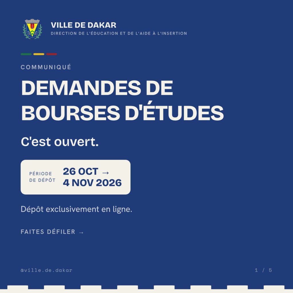 Visuel de la Ville de Dakar annonçant l’ouverture des demandes de bourses d’études du 26 octobre au 4 novembre 2026