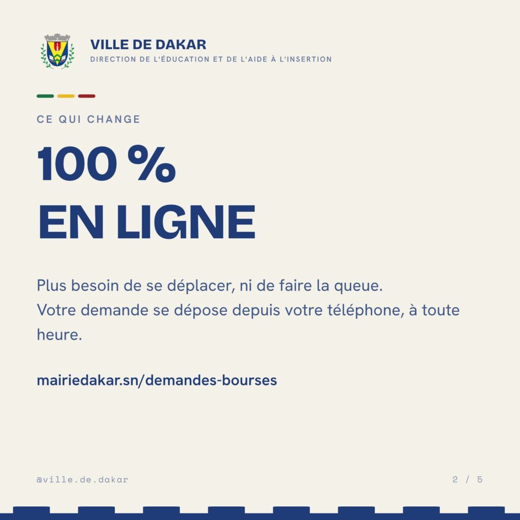 Visuel de la Ville de Dakar : dépôt des demandes de bourses 100 % en ligne sur mairiedakar.sn/demandes-bourses