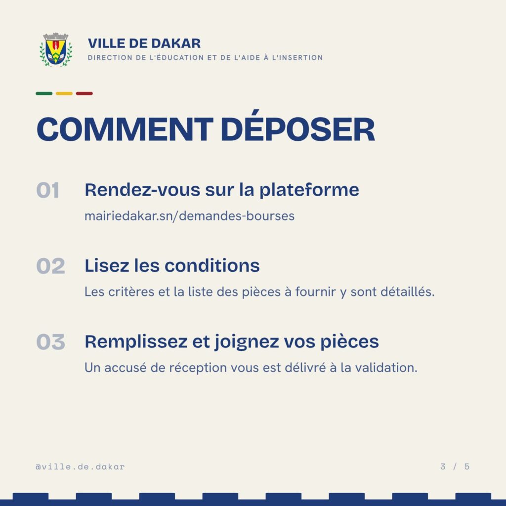 Visuel de la Ville de Dakar détaillant les trois étapes pour déposer une demande de bourse en ligne