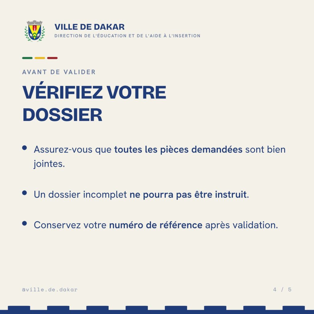 Visuel de la Ville de Dakar : vérifier son dossier avant validation, un dossier incomplet ne sera pas instruit