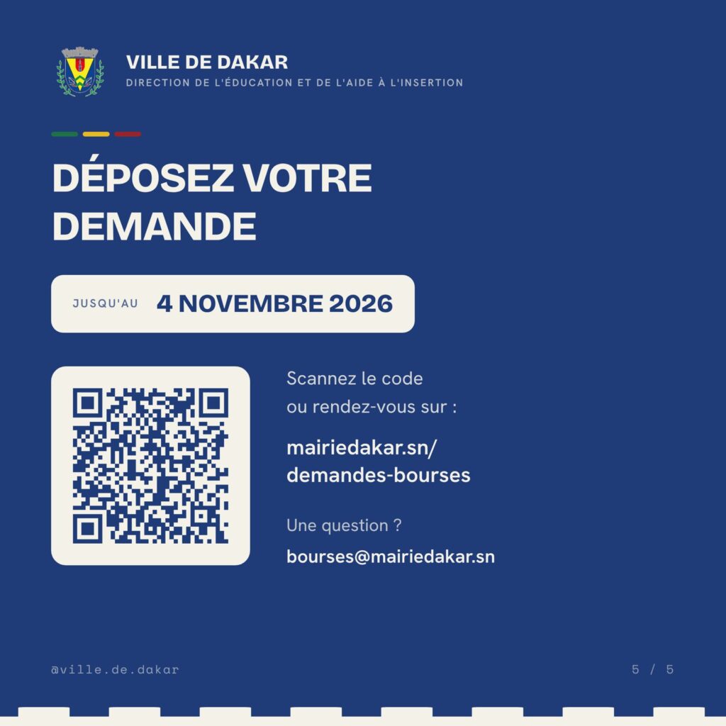 Visuel de la Ville de Dakar avec QR code et adresse de contact bourses@mairiedakar.sn, dépôt jusqu’au 4 novembre 2026